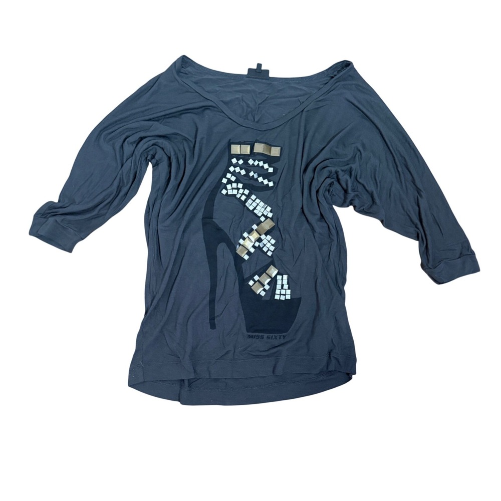 Miss Sixty Collection Y2K Studded Stiletto Graphic Charcoal Top 100% Viscose Sm